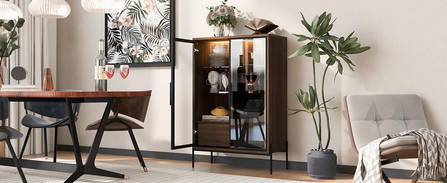 JOSHEN 51' Modern LED-Lit Showcase Cabinet, Lego Display Case with 2 Drawers, Lego Display Shelves 4-Tier Adjustable for Home Office Living Room, Black + Dark Walnut