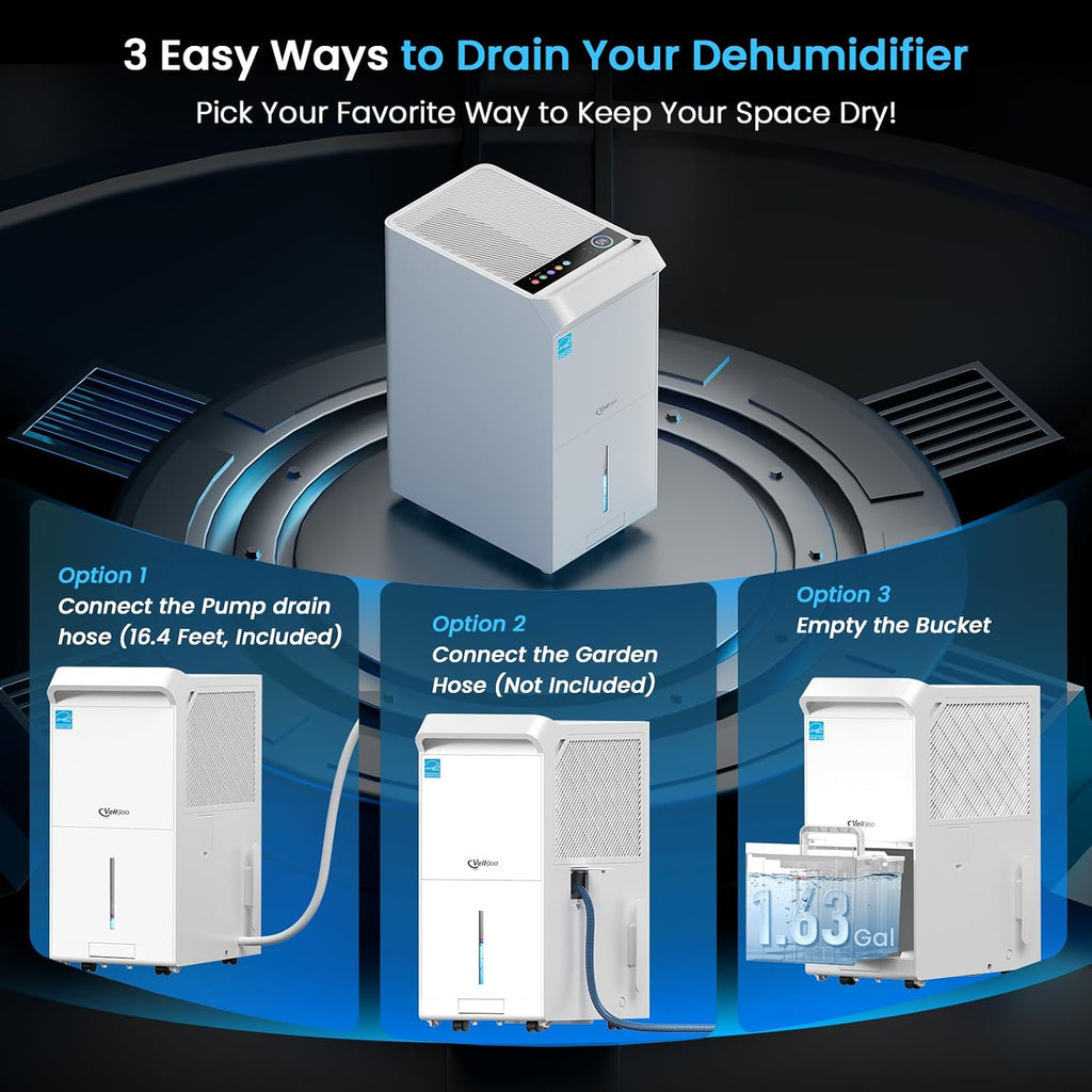 5,600 Sq.Ft Most Efficient Energy Star 2024 Dehumidifier with Pump,Vellgoo Max 120 Pint/D Compressor Dehumidifier for Basement with Drain Hose, Smart Humidity Control