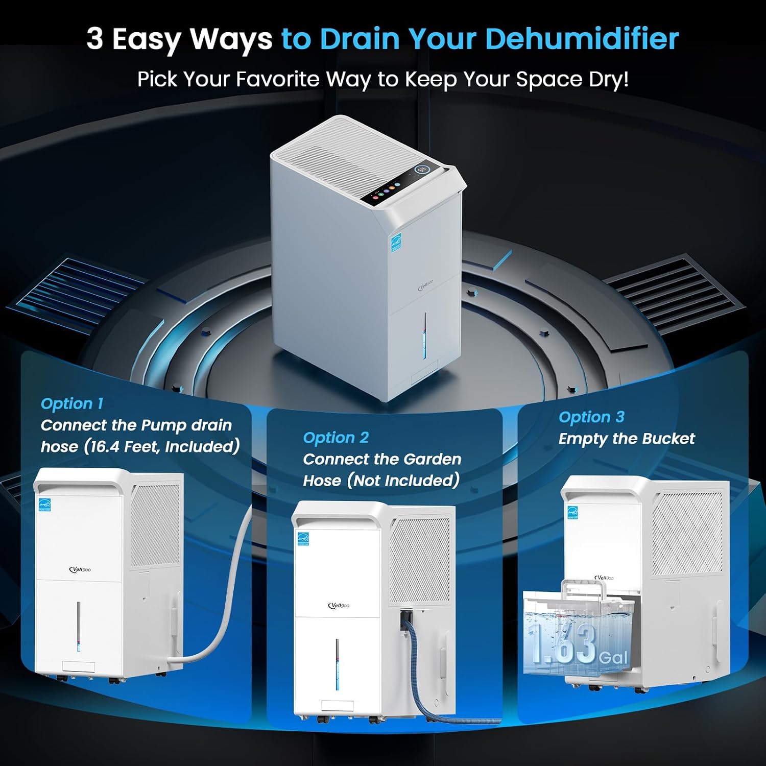 5,600 Sq.Ft Most Efficient Energy Star 2024 Dehumidifier with Pump,Vellgoo Max 120 Pint/D Compressor Dehumidifier for Basement with Drain Hose, Smart Humidity Control