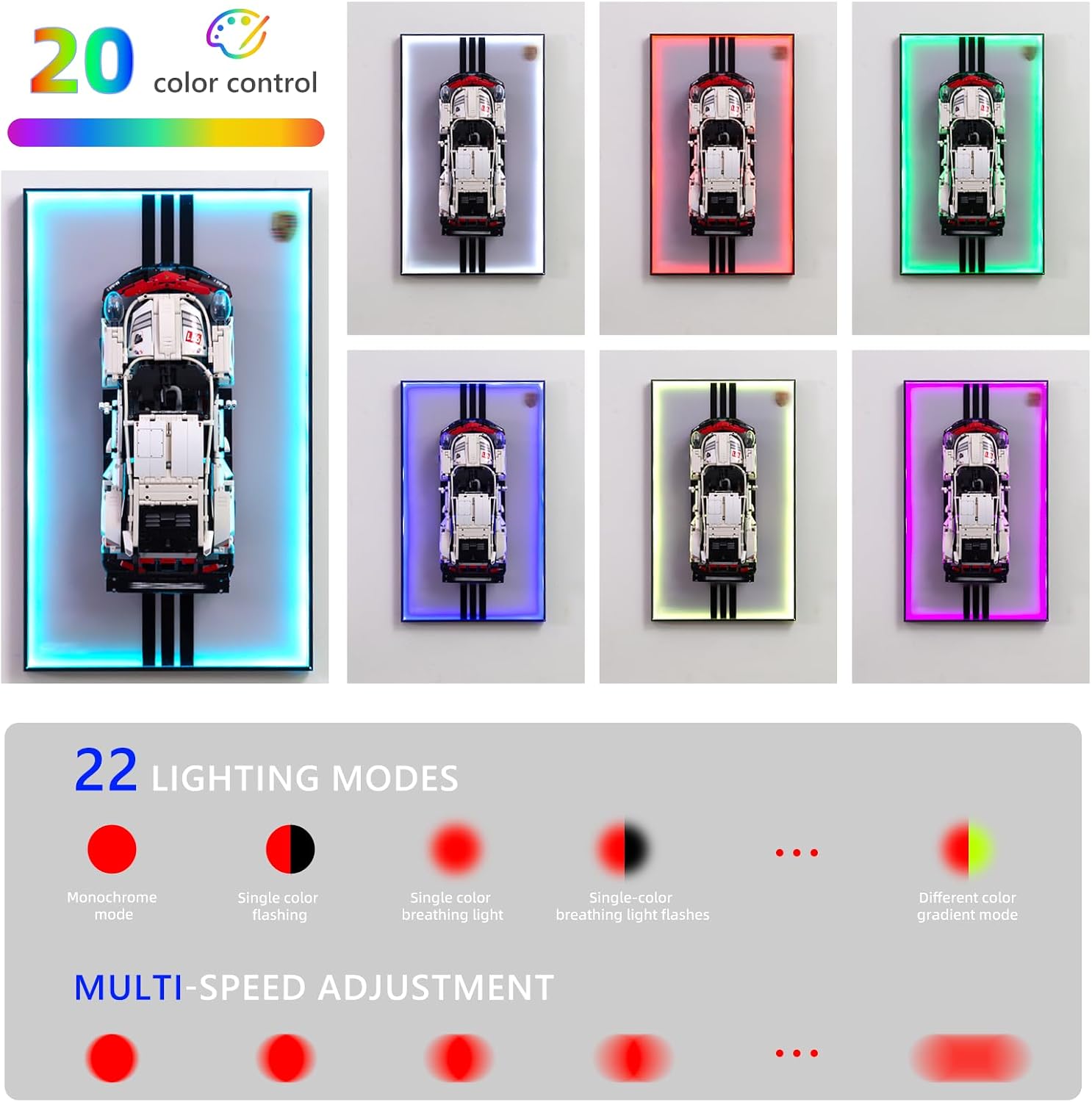 Display Wallboard with RGB LED Lights Compatible with Lego Technic Porsche 911 RSR Race Car Model Building Kit 42096 - Adult Collectibles Wall Mount for Home or Office Décor (No Car Included)