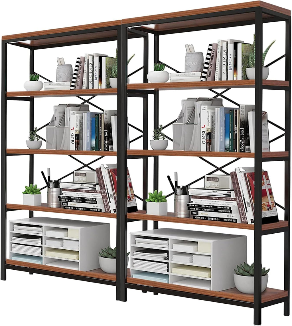 Himimi Industrial Bookshelf 5-Tier Set of 2, Bookcase 58' H Ladder Shelf, Storage Shelves Rack Shelf Unit, Accent Furniture Metal Frame, Home Office Furniture, Vintage Brown（2PCS）