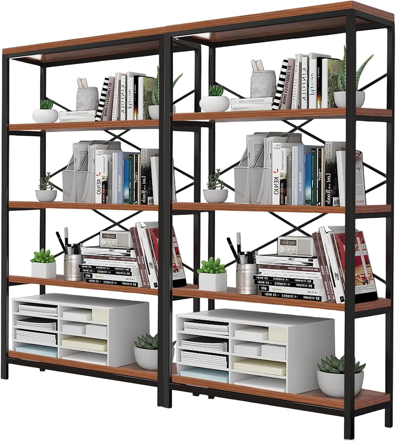 Himimi Industrial Bookshelf 5-Tier Set of 2, Bookcase 58' H Ladder Shelf, Storage Shelves Rack Shelf Unit, Accent Furniture Metal Frame, Home Office Furniture, Vintage Brown（2PCS）