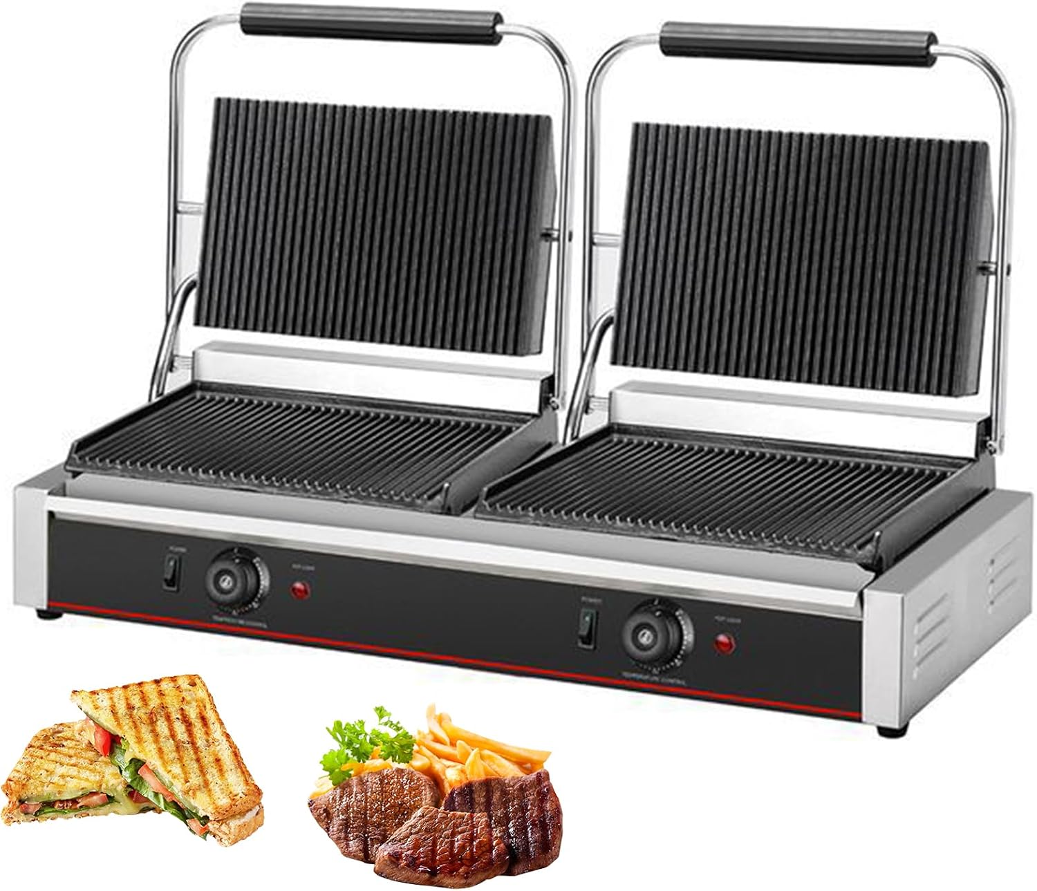 Commercial Panini Press with Grooved Grill Sandwich Maker Machine Electric Contact Grilled Cheese Machine Tuna Melt Omelets Non-Stick Cooking Surface Temperature Control,4400W