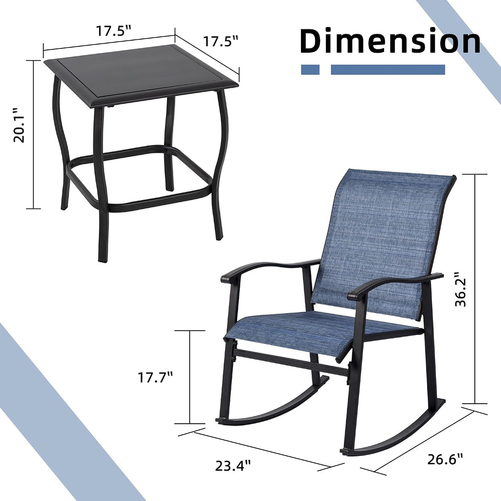 Vongrasig 3 Piece Outdoor Rocking Bistro Set, Textilene Fabric Small Patio Furniture Set, Front Porch Rocker Chairs Conversation Set with Glass Table for Lawn, Garden, Balcony, Poolside (Denim Blue)