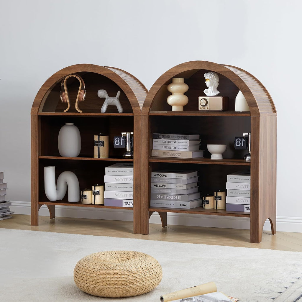 Janmer Home Freestanding Arched Bookcase, Modern 3-Tier Open Bookshelf, Low Short Bookshelf with Adjustable Shelves, Arched Storage Display Cabinet Organizer for Office, Living Room (Walnut, 1pcs)