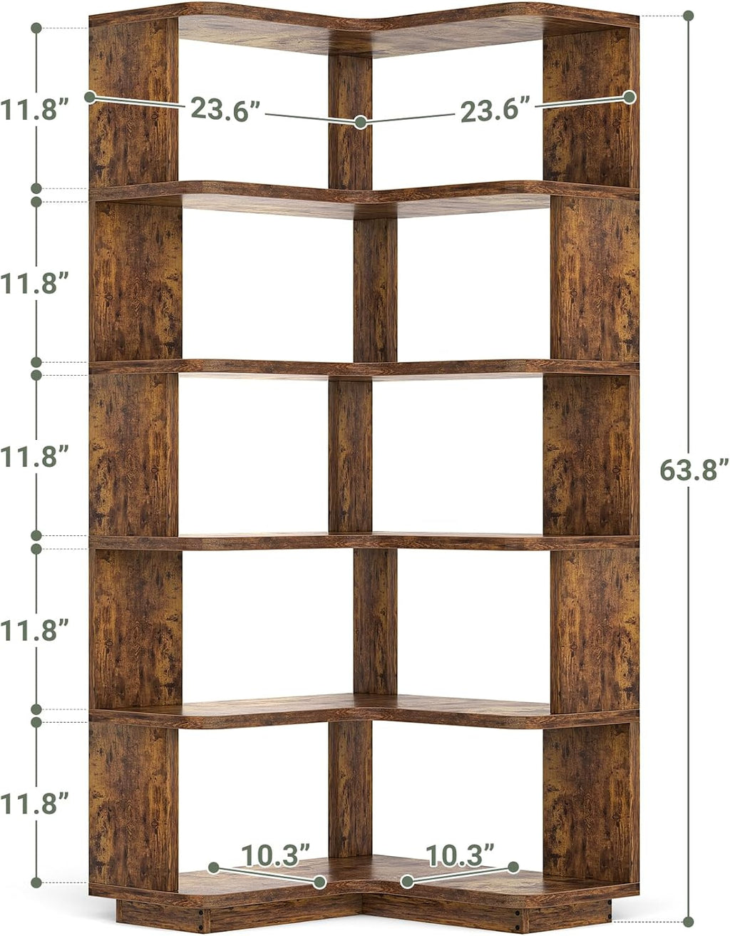 Armocity Corner Book Shelf - 6 Tier Corner Bookshelf Etagere Bookcase with Baffle, Freestanding L Shaped Display Shelf Stand for Home Office, Living Room, Bedroom, Kitchen, Rustic Brown