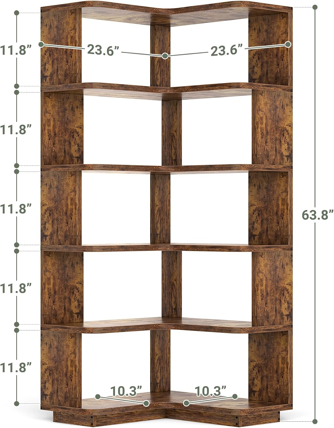 Armocity Corner Book Shelf - 6 Tier Corner Bookshelf Etagere Bookcase with Baffle, Freestanding L Shaped Display Shelf Stand for Home Office, Living Room, Bedroom, Kitchen, Rustic Brown