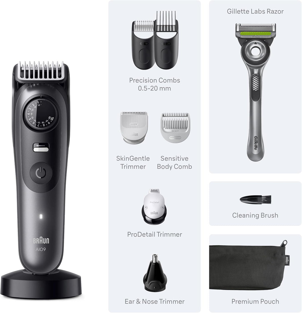 Braun Series 9 All-in-One Beard & Body Grooming Kit for Men, Cordless Trimmer, Hair Clippers & Shaver for Face, Hair & Body with Gillette Labs Razor, AIO 9535