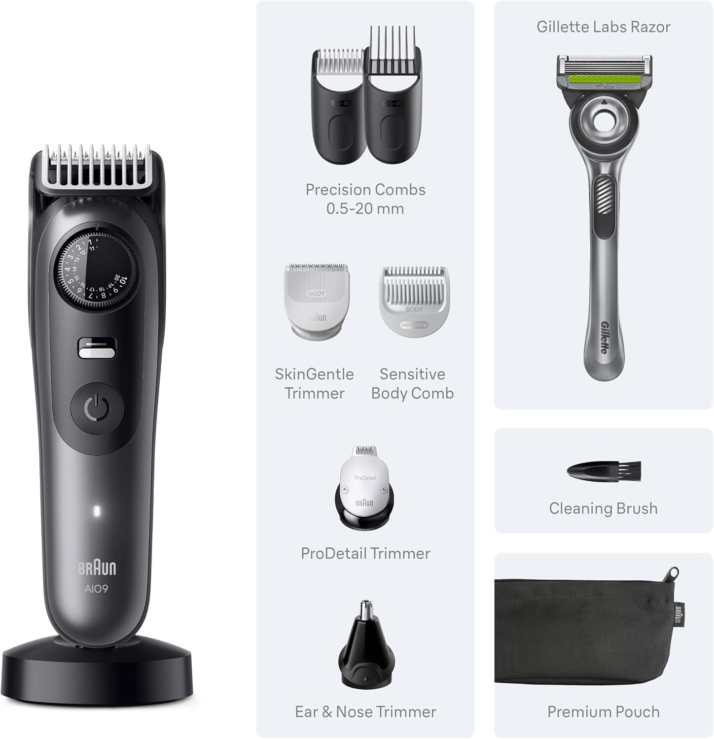Braun Series 9 All-in-One Beard & Body Grooming Kit for Men, Cordless Trimmer, Hair Clippers & Shaver for Face, Hair & Body with Gillette Labs Razor, AIO 9535