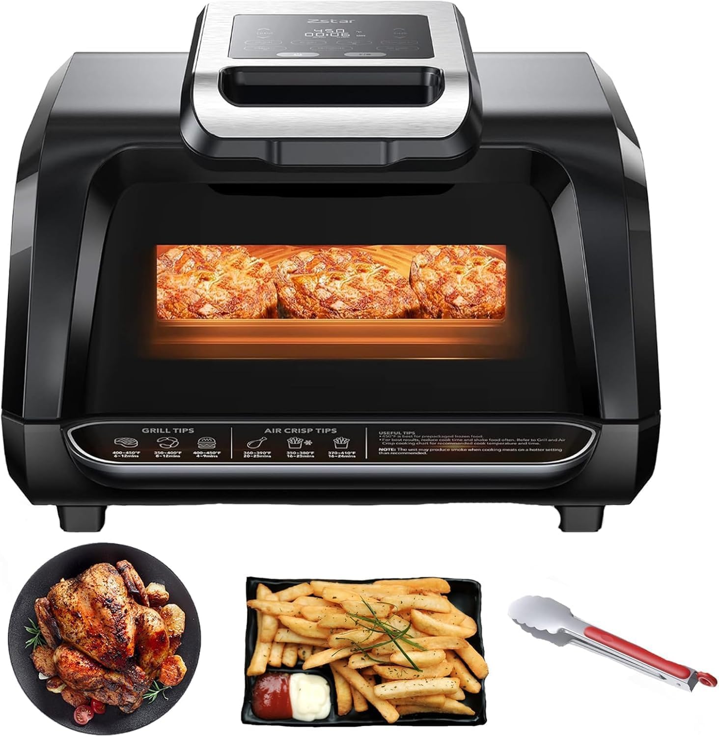 Indoor Smokeless Grill, Indoor Grill Air Fryer Combo with See, Electric Indoor Searing Grill with Adjustable Temperature Control, Nonstick Grate, Stainless Steel, 4Qt