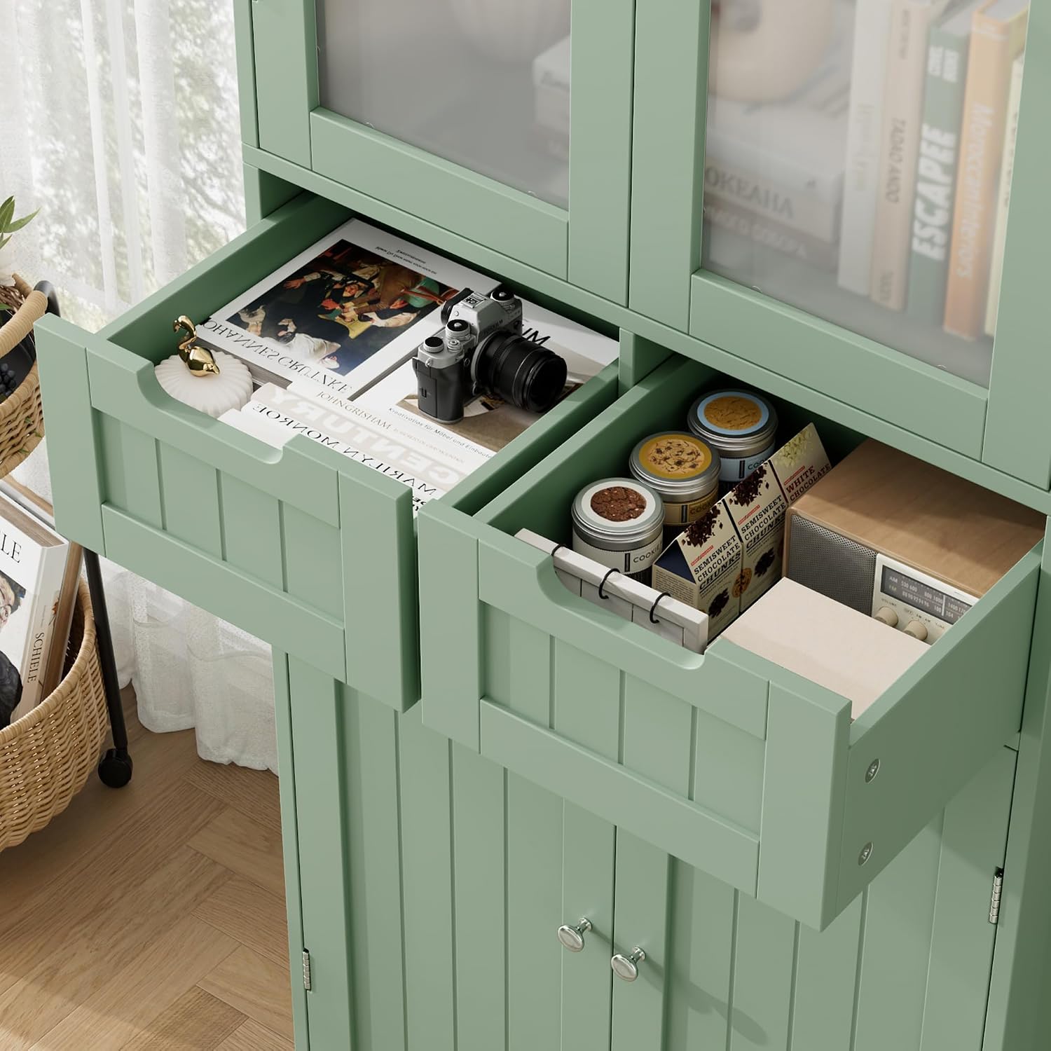 HORSTORS 67' Tall Bathroom Storage Cabinet, Freestanding Storage Cabinet with Glass Door and Shelves, Kitchen Pantry Linen Cabinet with 2 Drawers for Bathroom, Living Room, Dining Room, Green