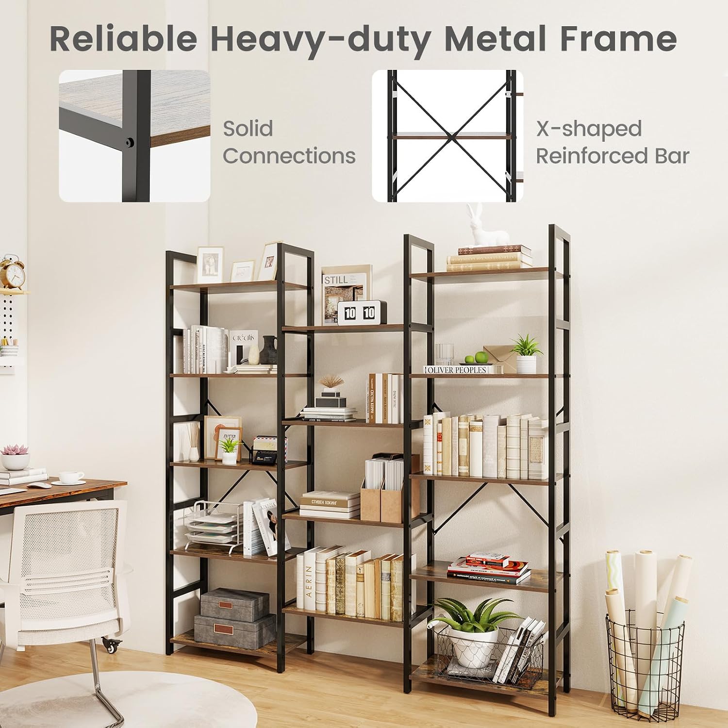 Giantex 5-Tier Industrial Bookshelf, Triple Wide Heavy-Duty Metal Frame Bookcases w/ 14 Open Shelves, Large Floor Standing Display Shelf Rack w/Anti-tip Kits, Storage Shelf for Living Room Study