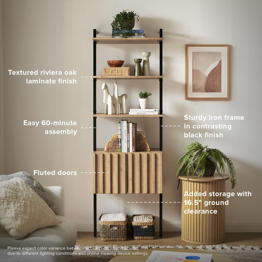 mopio Norwin Ladder Book Shelf, Wall-Mount Storage Rack, Wall Bookshelf, Farmhouse Industrial Bookcase, Narrow Slim Organizer, Steel Frame Display Shelves, Living Room, Bedroom (3-Tier Cabinet Double)