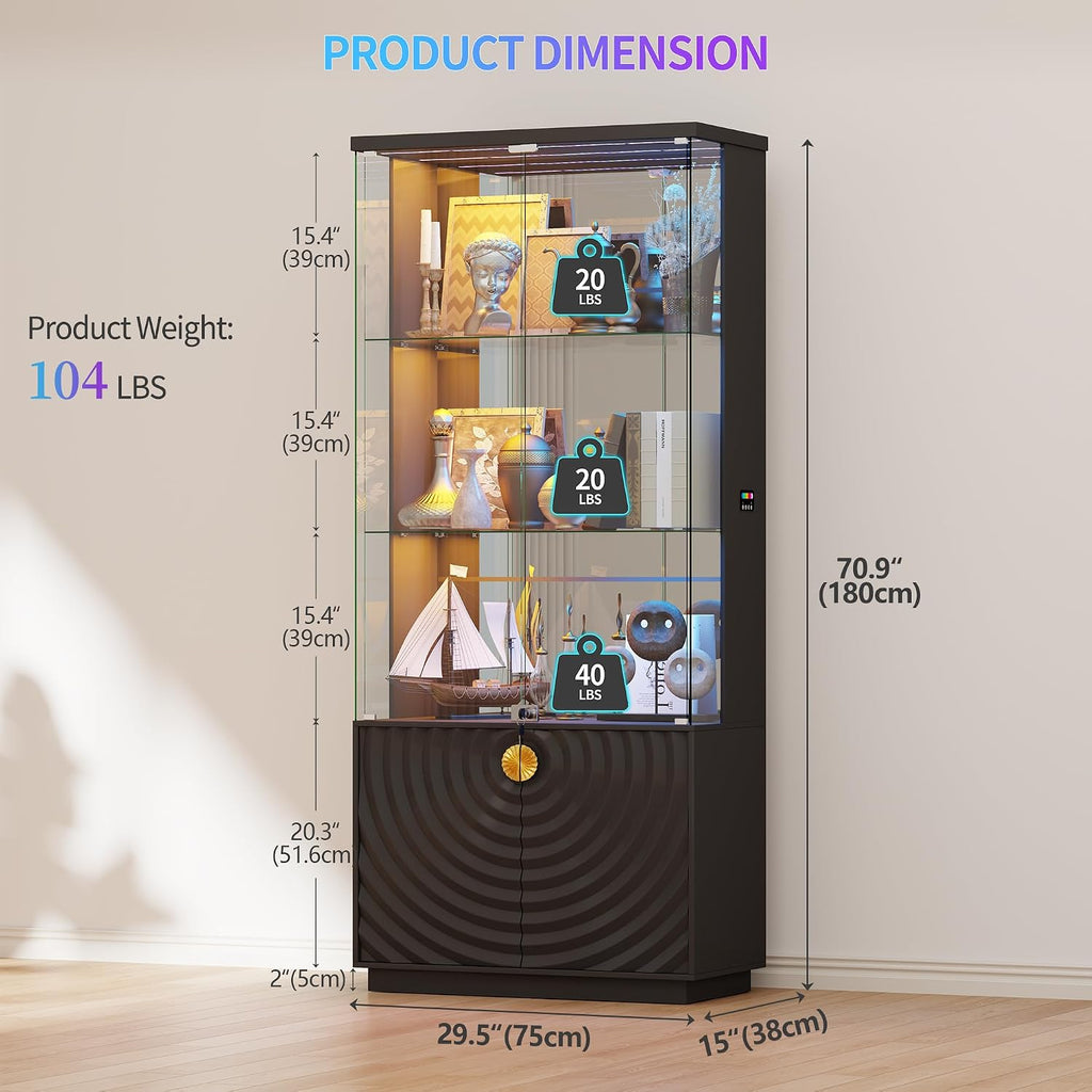 HNEBC Display Cabinet with Glass Doors - 71' High Gloss Curio Cabinet with Adjustable Glass Shelf, Lockable Display Cases with RBG Lights and Human Body Sensor for Collectibles, Black