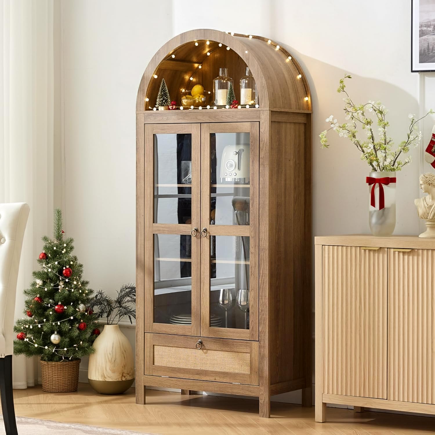 TYBOATLE 71' Tall Arched Pantry Cabinet with Innovative Drawer, Kitchen Cabinet with Anti-Tipping Device and Glass Door, Versatile Cupboard for Kitchen, Dining, Natrual
