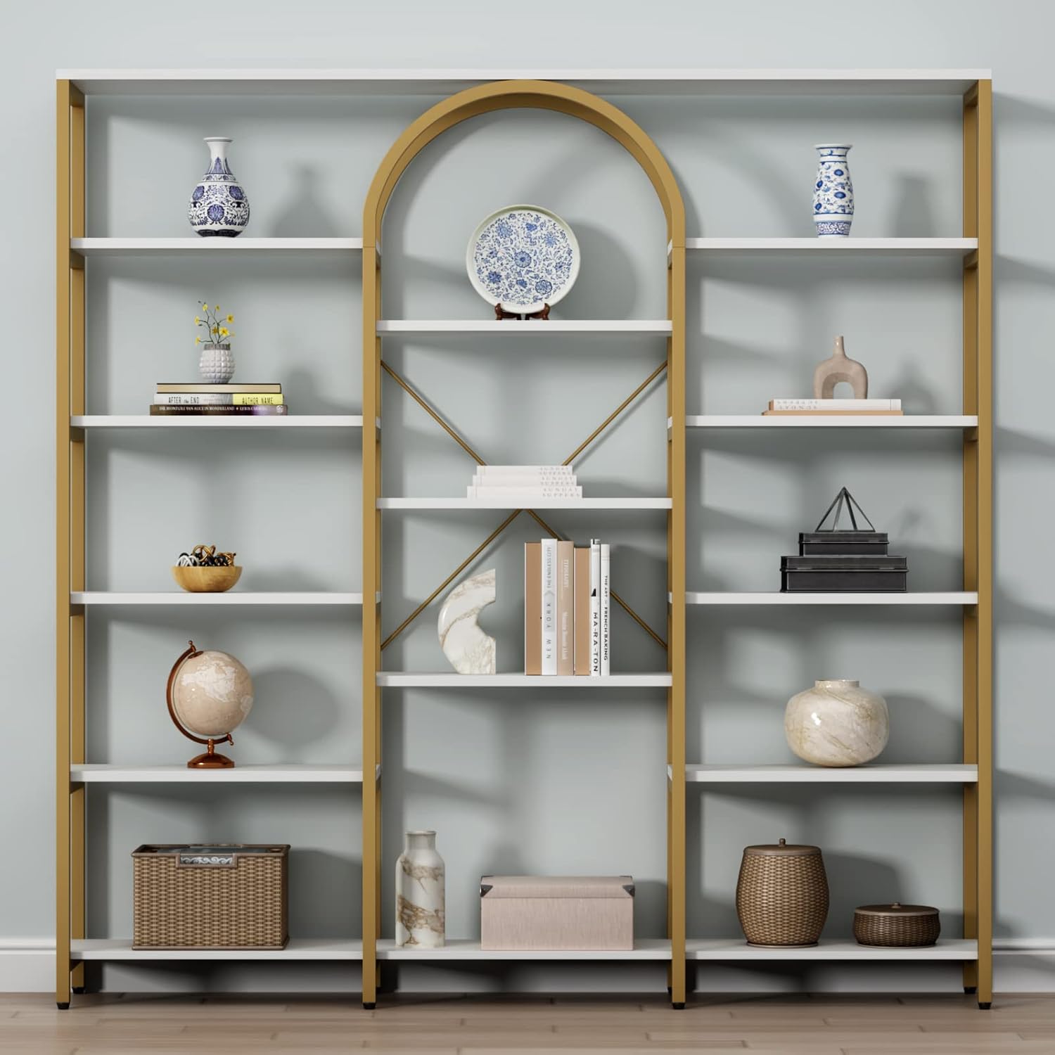 Auromie Triple Wide Gold Bookshelf, 70.87' W x 71.34' H Large Modern Etagere Bookcase, Tall Display Shelf with 13-Tier Open Shelves, Freestanding Staggered Storage Shelf for Home Office, White/Gold