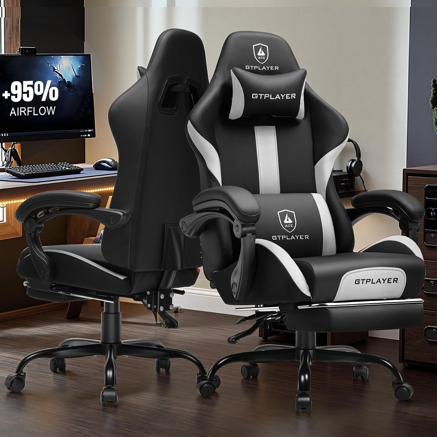 GTPLAYER Gaming Chair with Foot Rest & Pocket Spring Cushion, Ergonomic High Back Computer Chair with Headrest & 360°-Swivel Seat for Home Office Desk, PU Leather, White/Black
