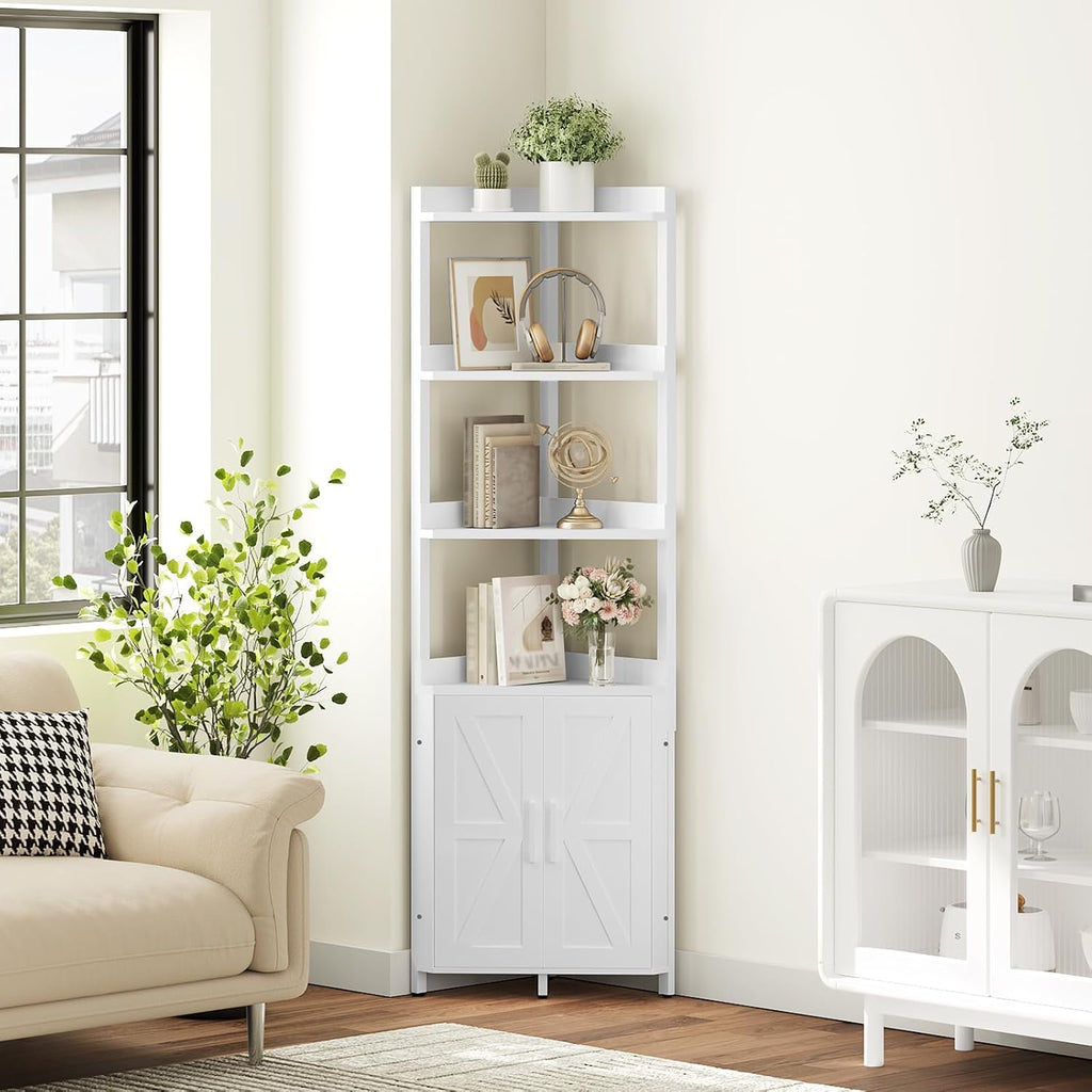 HOOBRO Corner Shelf with Storage, Tall Corner Cabinet, 5-Tier Bookshelf Stand, Storage Cabinet with Protective Fence, for Living Room, White WW78CJ01