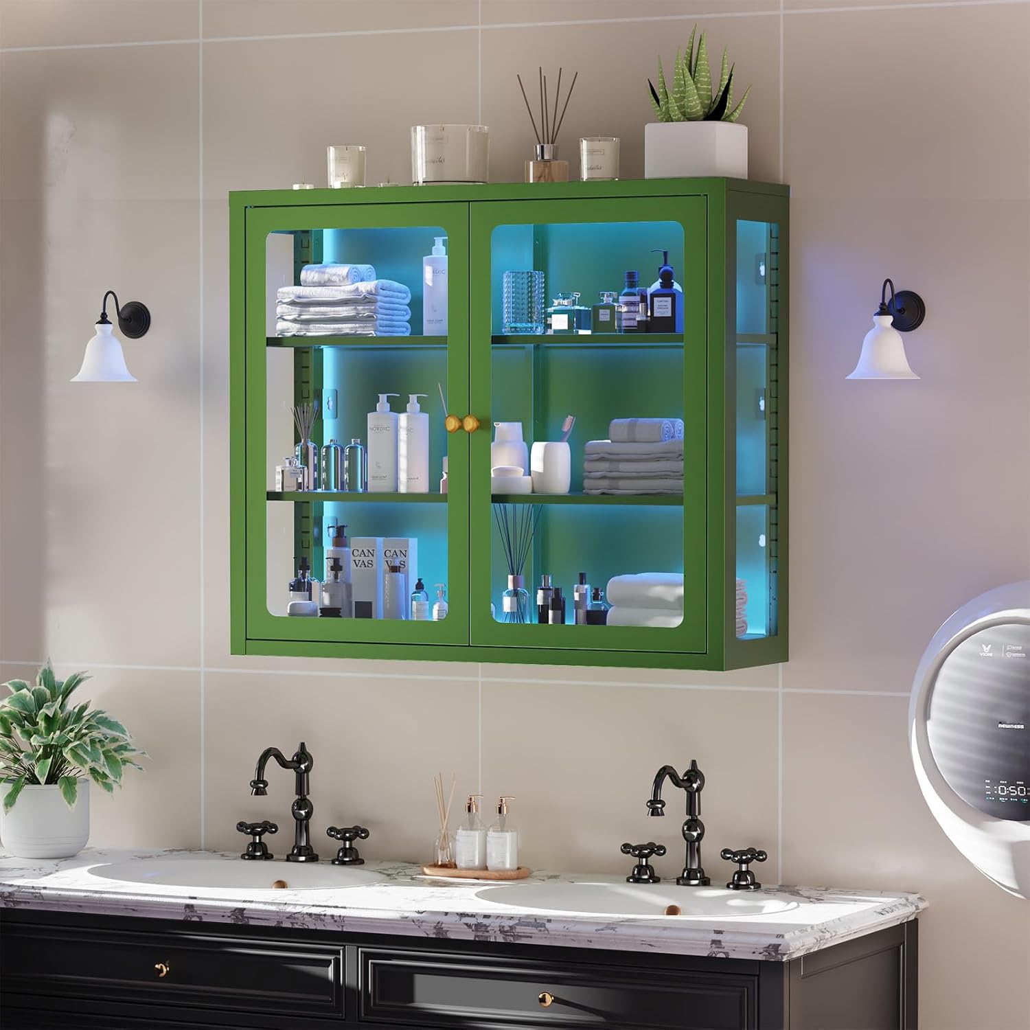 Bathroom Wall Cabinet with 13-Color Light, Wall Mounted 3-Sided Glass Display Cabinet with Adjustable Shelves, Floating Metal Medicine Storage Cabinet for Kitchen Living Room - Green