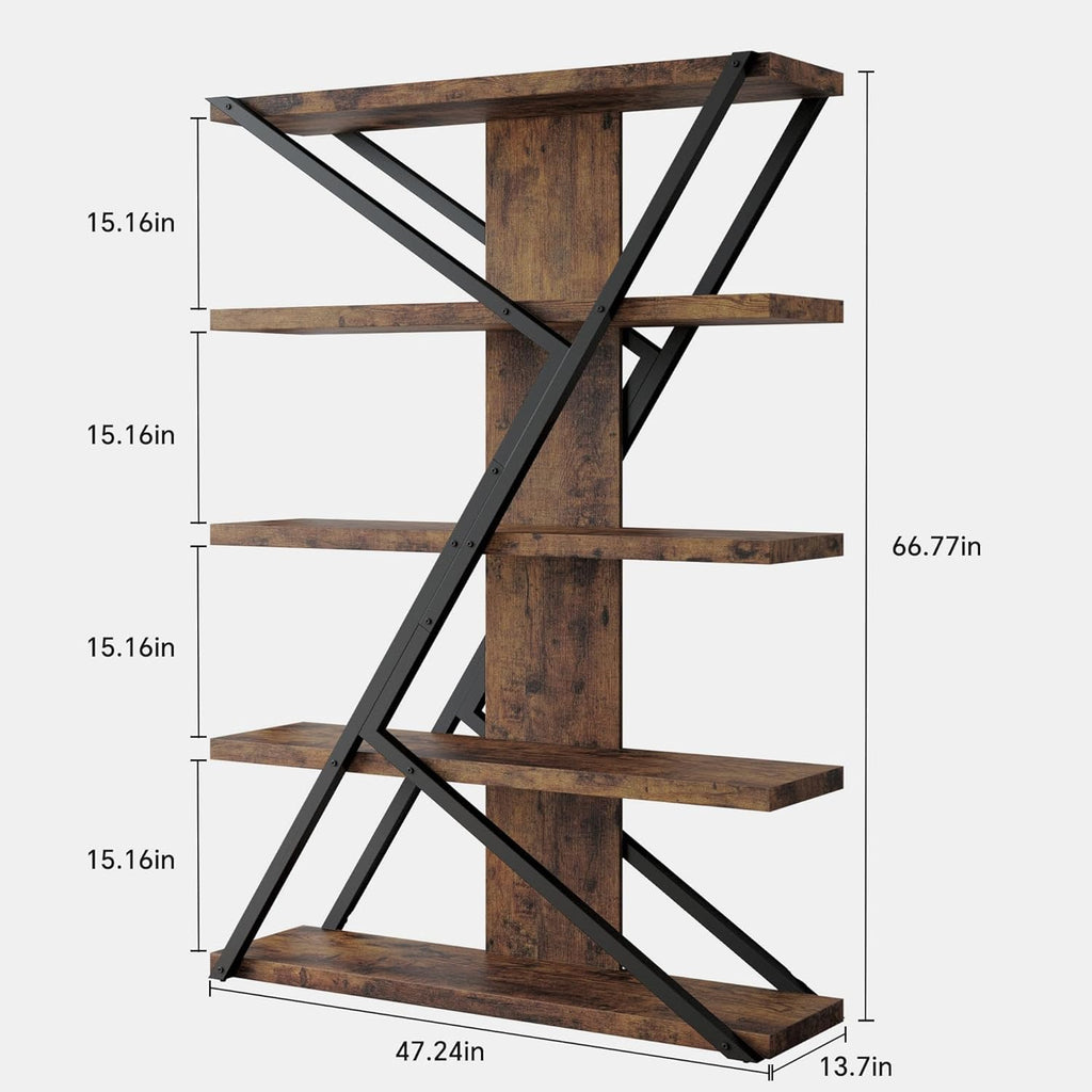 FUSUNBAO Industrial Bookshelf, Vintage 5-Tier Tall Bookcase with Wood and Metal Frame, Rustic Large Display Shelf for Home Office, 67' H x 47' L x 12' W, Rustic Brown