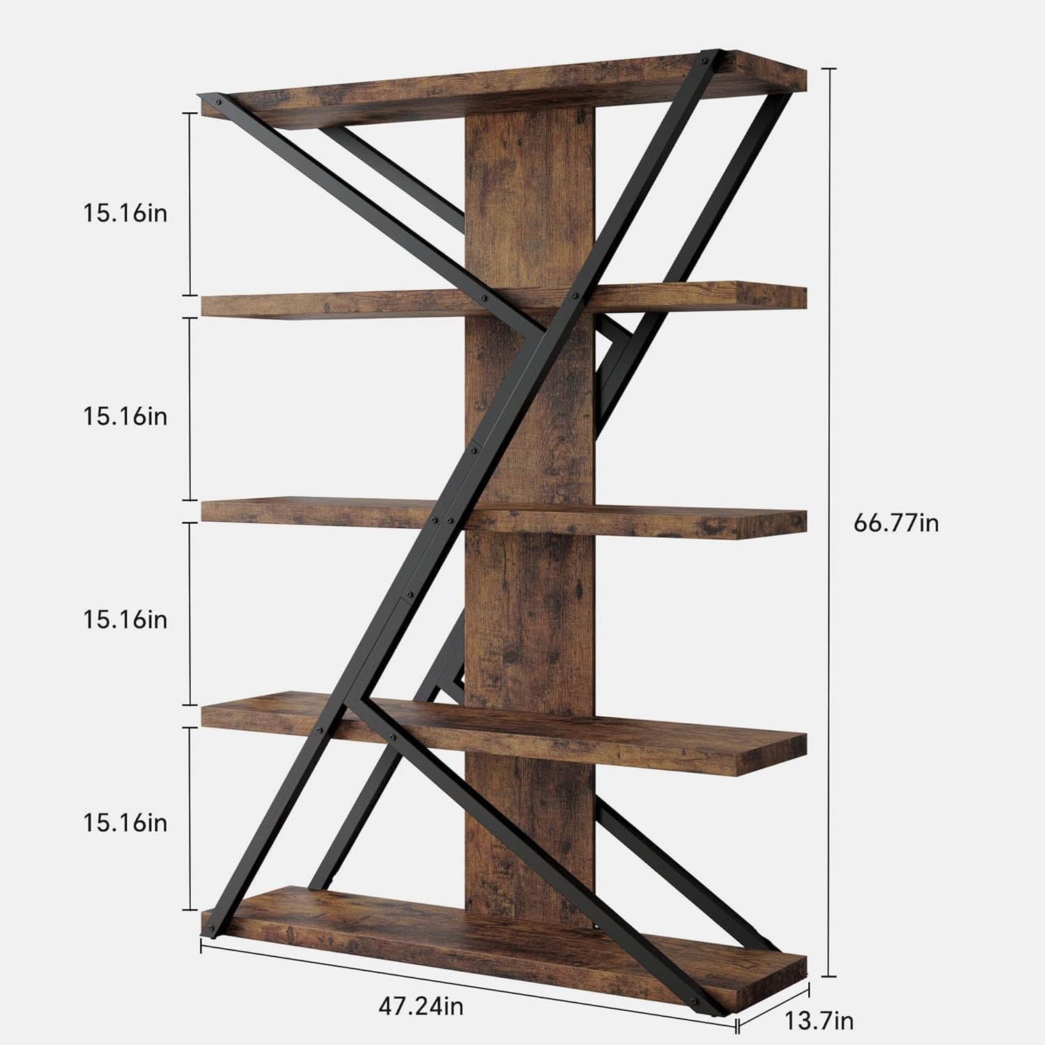 FUSUNBAO Industrial Bookshelf, Vintage 5-Tier Tall Bookcase with Wood and Metal Frame, Rustic Large Display Shelf for Home Office, 67' H x 47' L x 12' W, Rustic Brown