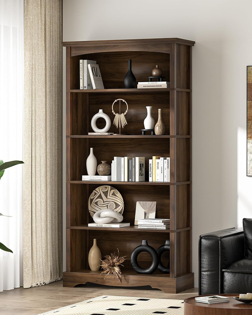 TVU 5-Tier Wooden Bookshelf, 31.5' W x 65' H ×9.9' D Bookshelf with Storage, Floor Standing Modern Style Display Bookcase for Living Room, Office, Study Room, Entryway, Brown