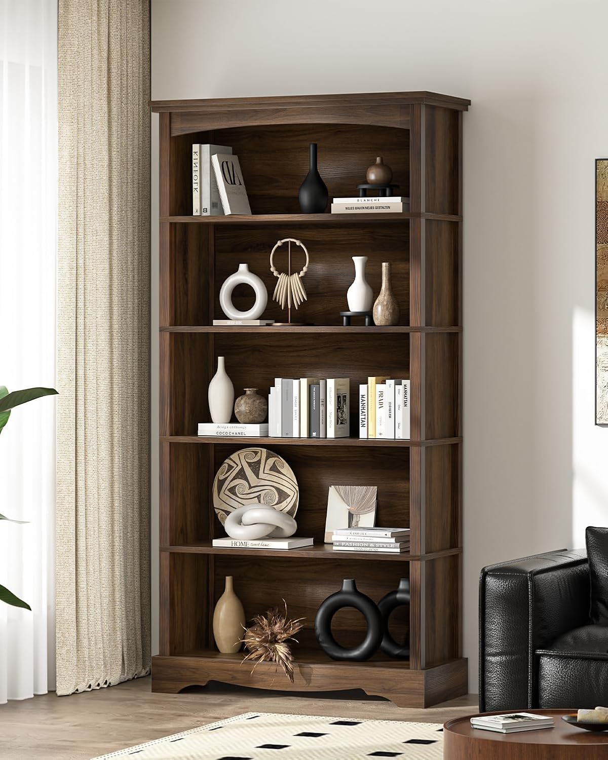 TVU 5-Tier Wooden Bookshelf, 31.5' W x 65' H ×9.9' D Bookshelf with Storage, Floor Standing Modern Style Display Bookcase for Living Room, Office, Study Room, Entryway, Brown