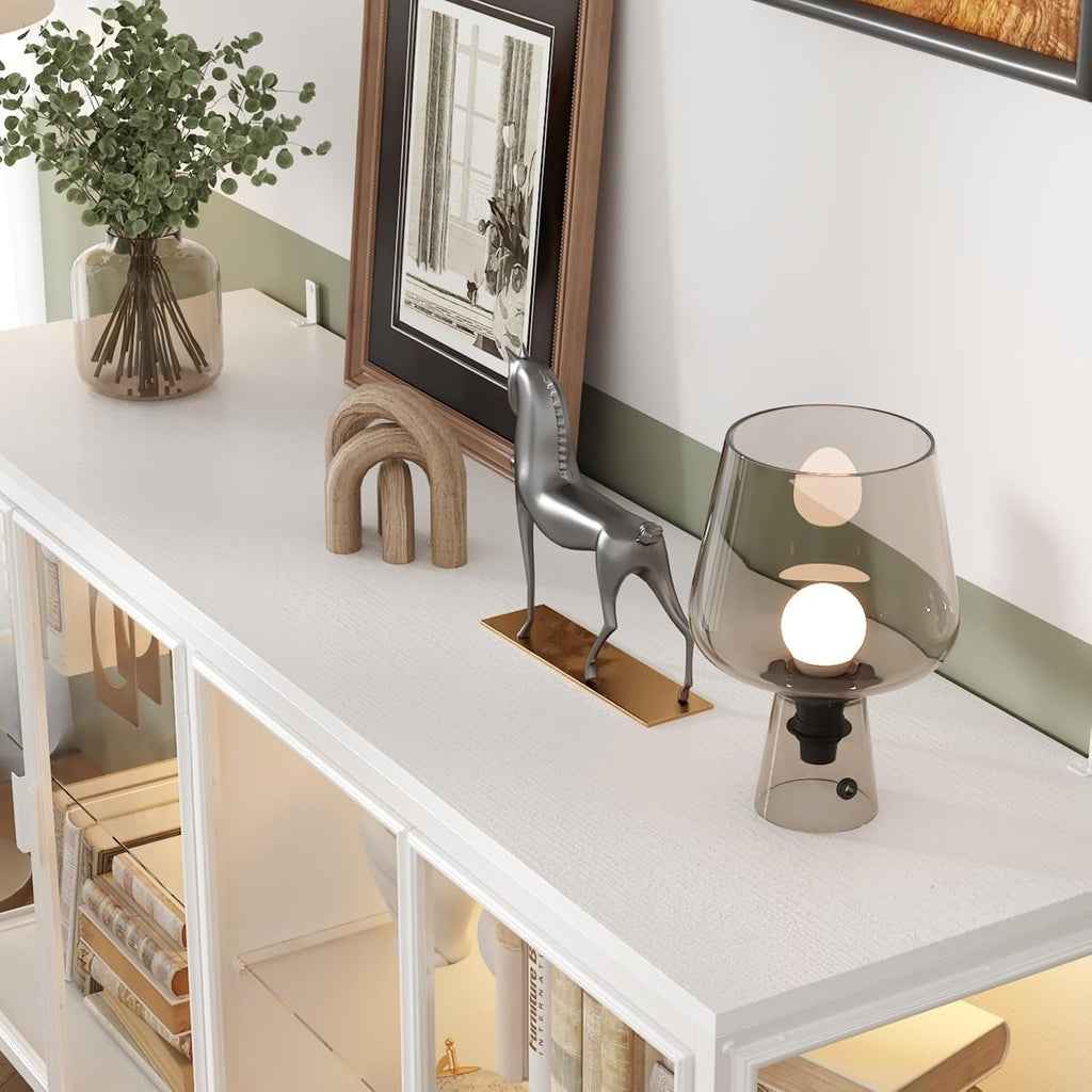 Display Cabinet with Glass Doors & LED Lights, Sideboard Buffet with Glass Shelves & Metal Frame, for Living Room White, 55.1'W x 15.7'D x 29.5'H