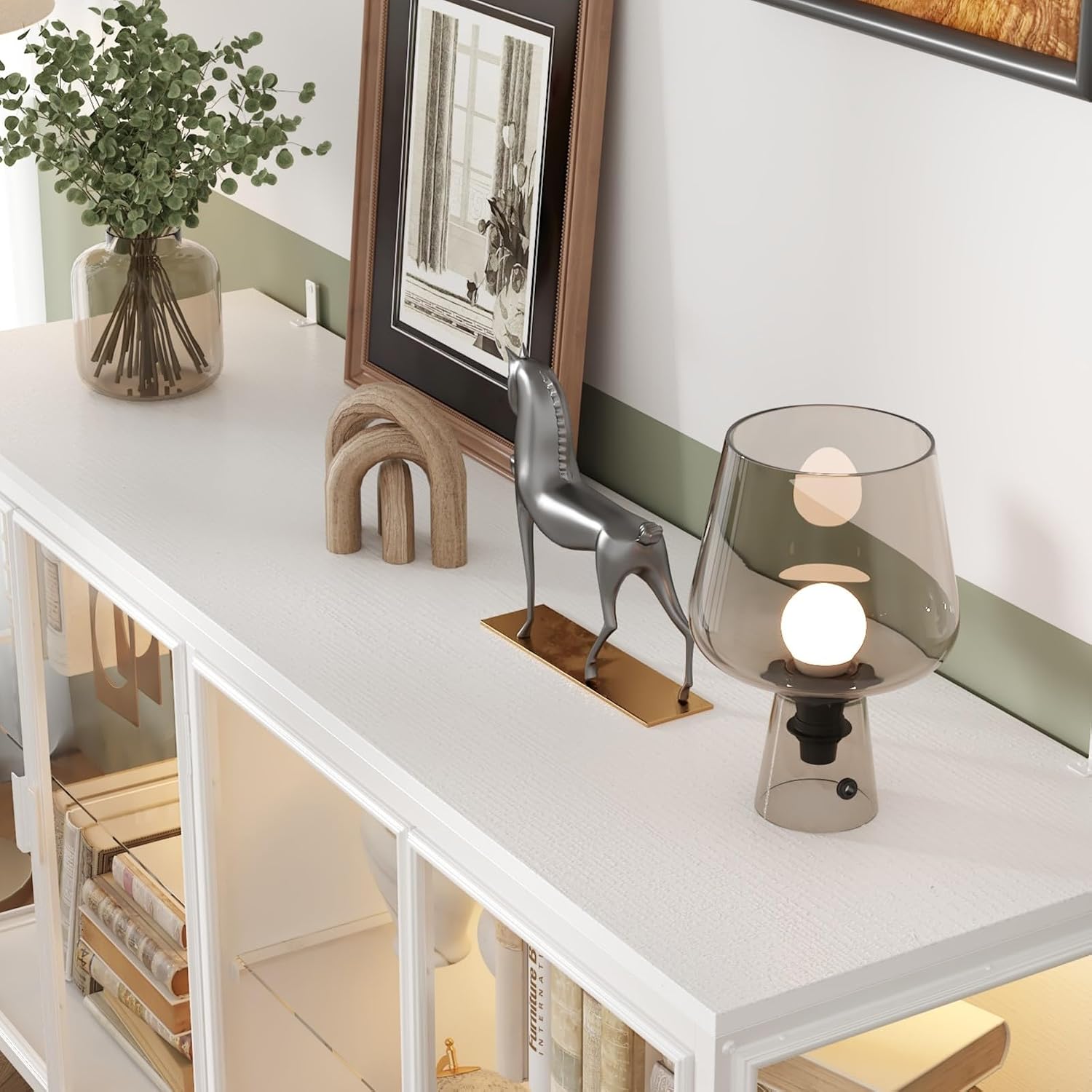 Display Cabinet with Glass Doors & LED Lights, Sideboard Buffet with Glass Shelves & Metal Frame, for Living Room White, 55.1'W x 15.7'D x 29.5'H