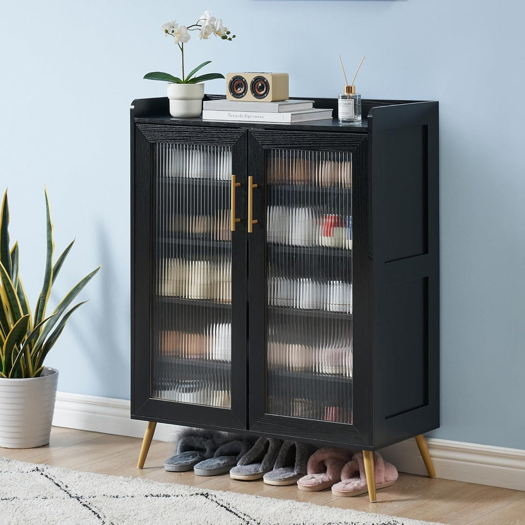 GarveeLife 5-Tier Shoe Cabinet with Glass Front Doors, Durable Storage Organizer Featuring Reinforced Support Legs, Modern Shoe Rack for Entryway or Front Door, Black Finish