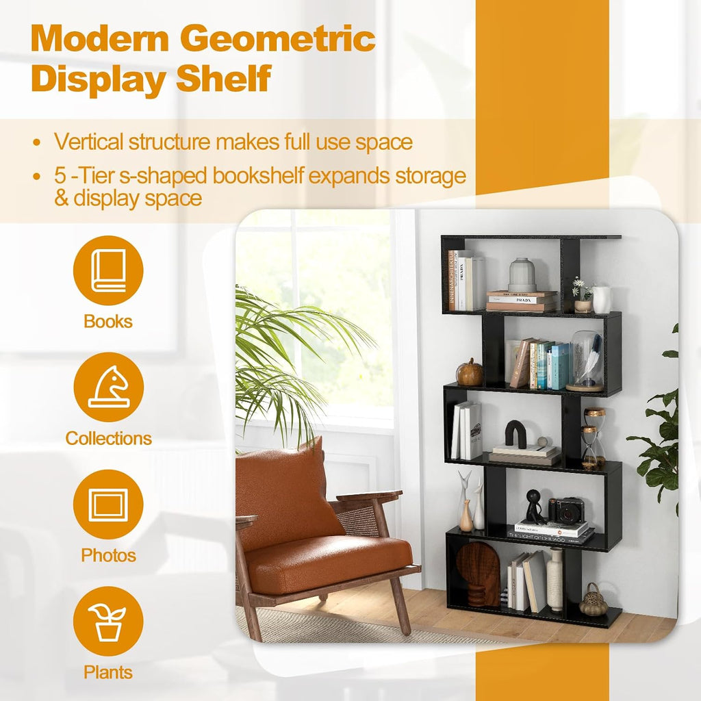 Tangkula 5-Tier Geometric Bookshelf, S Shaped Bookcase w/Anti-Toppling Device, Freestanding Room Divider, Industrial Home Office Decor Wood Open Storage Display Shelf for Living Room (2, Black)