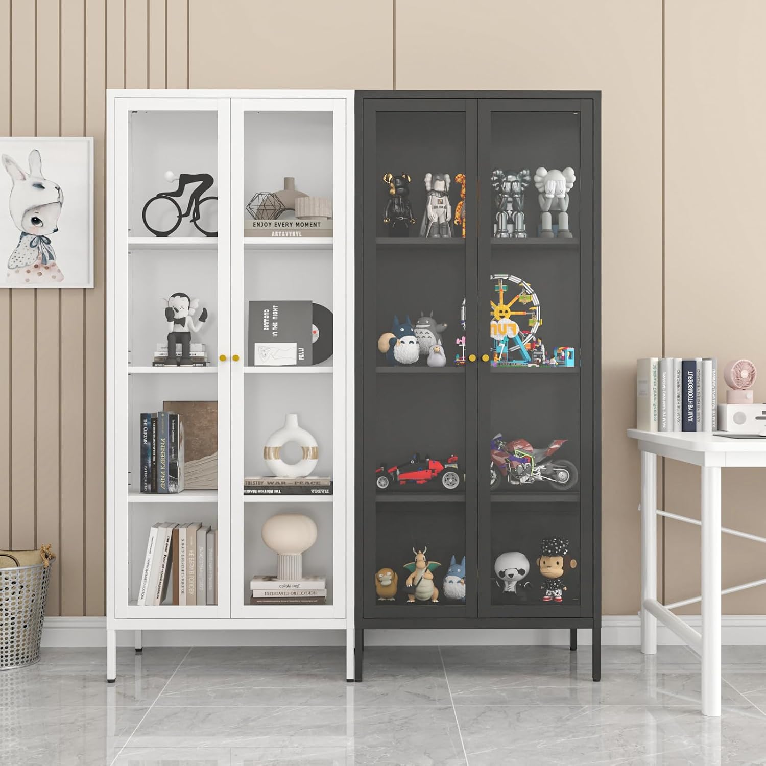 Display Cabinet with Glass Doors, 66' Curio Cabinet with 3 Ajustable Shelves, 4 Tier Display Case for Collectibles, Bookcase with Doors for Living Room
