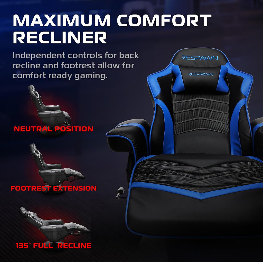 RESPAWN 900 Console Gaming Recliner with Footrest and Lumbar Support - Comfortable Ergonomic Gaming Chair with Headrest, No Wheels, Reclining, Heavy Duty, Racing Style Video Game Chairs - Blue