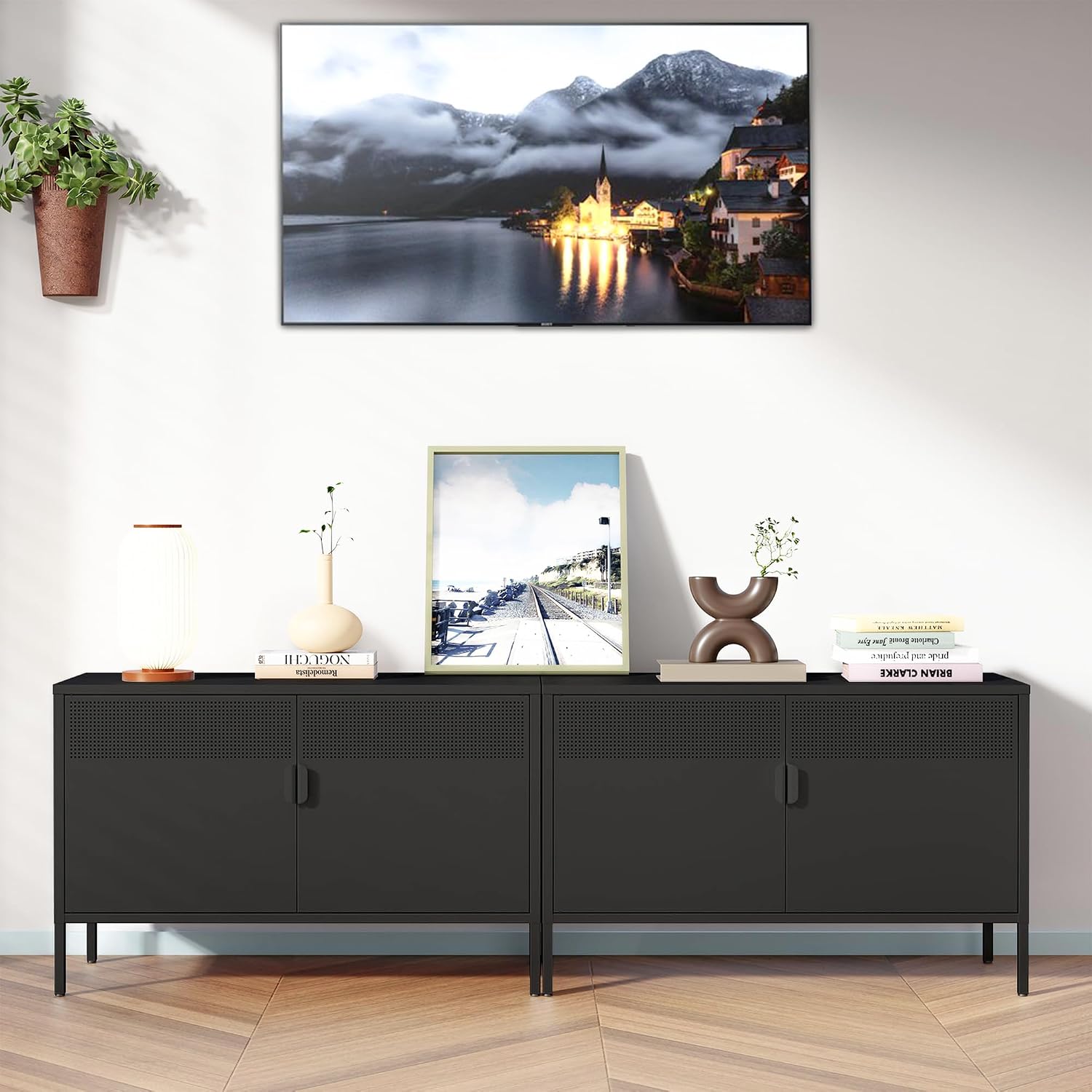 Chshin Metal Storage Cabinet with Doors,Black Accent Cabinet,Metal Locker Storage Cabinets,2 Door TV Media Stand with Removable Shelves for,Home,Office,Entryway,Living Room