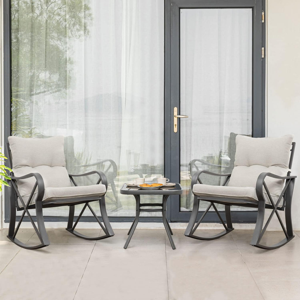 COSIEST 3 Piece Bistro Set Patio Rocking Chairs Outdoor Furniture w Beige Cushions, Glass-Top Table for Garden, Pool, Backyard
