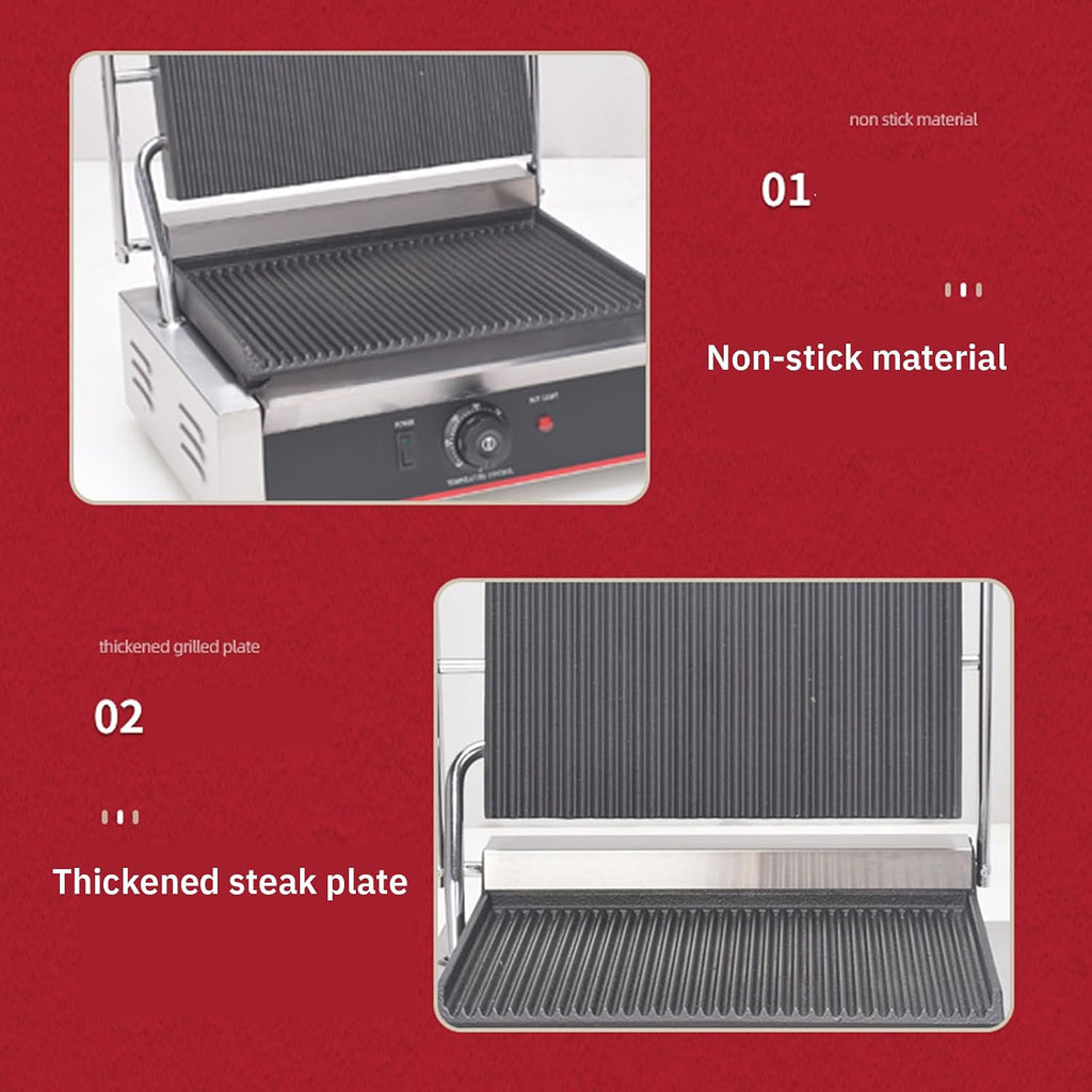 Commercial Panini Press with Grooved Grill Sandwich Maker Machine Electric Contact Grilled Cheese Machine Tuna Melt Omelets Non-Stick Cooking Surface Temperature Control,3600W