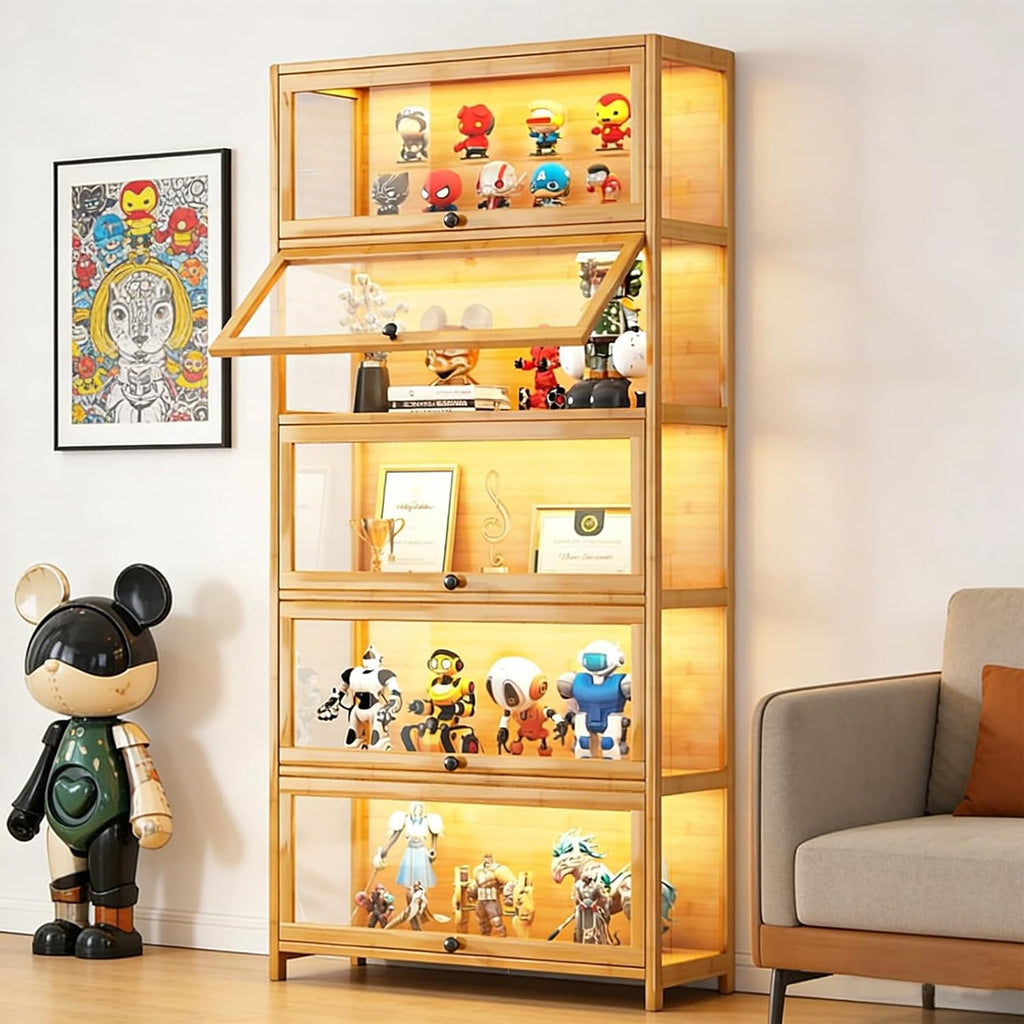 Display Cabinet with Acrylic Glass Doors, 5-Tier Curio Cabinet, Collectibles Toy Organizers Rack & Display Shelf, High Display Case for Home, Office, Playroom, Living Room (Wooden flep Door)