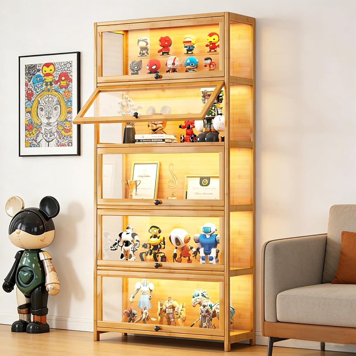 Display Cabinet with Acrylic Glass Doors, 5-Tier Curio Cabinet, Collectibles Toy Organizers Rack & Display Shelf, High Display Case for Home, Office, Playroom, Living Room (Wooden flep Door)