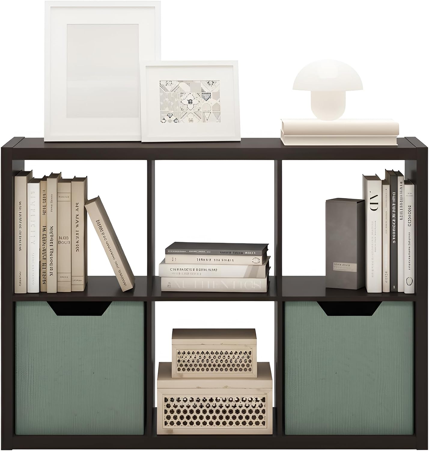 Furinno Cubicle Book Shelf, 6-Cube Bookshelf, Extra Thick Frame Horizontally & Vertically Reversible Bookcase with Open Back, 14.6' x 44' x 30', for Living Room, Bedroom, Home Office, Black Dark Oak