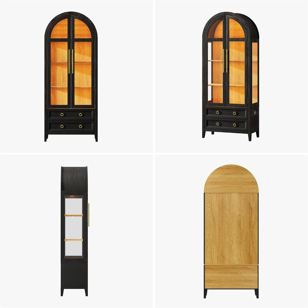 Vlsrka 71' Arched Curio Cabinet with Glass Doors, 4-Shelves Display Cabinet and 2 Drawers, Display Case with 3 Color Lights, Tall Bookcase, Kitchen Pantry, Black+Wood
