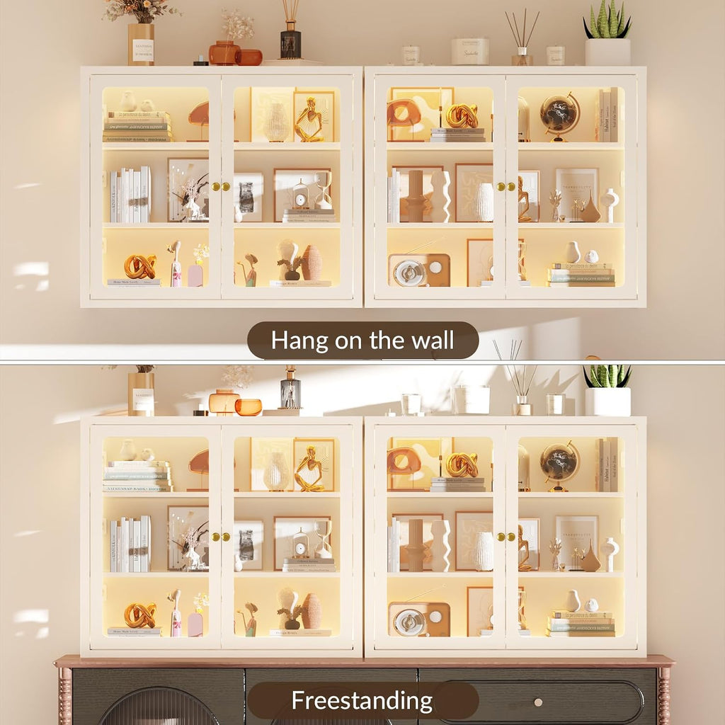 Bathroom Wall Cabinet with 13-Color Light, Wall Mounted 3-Sided Glass Display Cabinet with Adjustable Shelves, Floating Metal Medicine Storage Cabinet for Kitchen Living Room - White