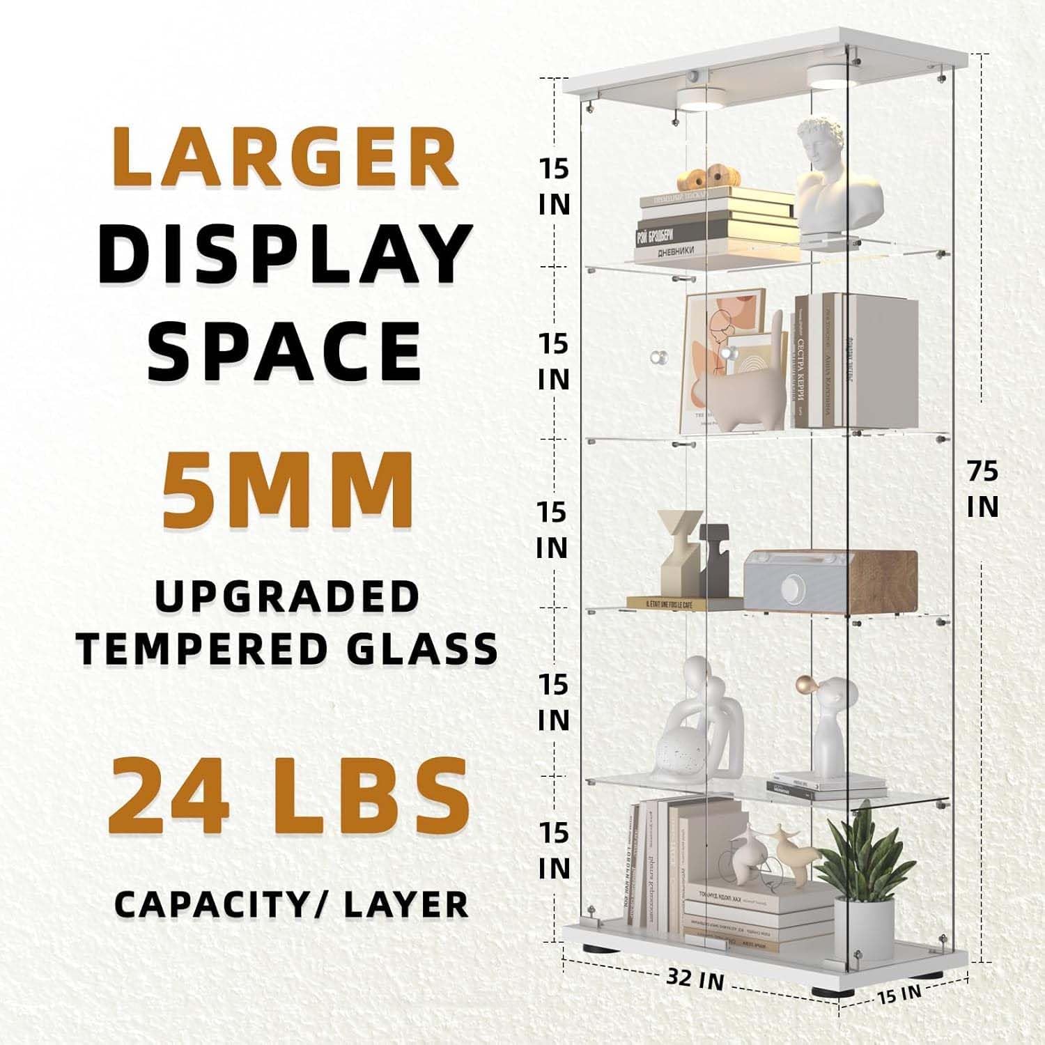 Glass Display Cabinet with LED Lights, 5-Shelf Locking Bookcase with Remote Control, Tempered Glass Curio Cabinet for Living Room, Bedroom, Office, White (5-Shelf)