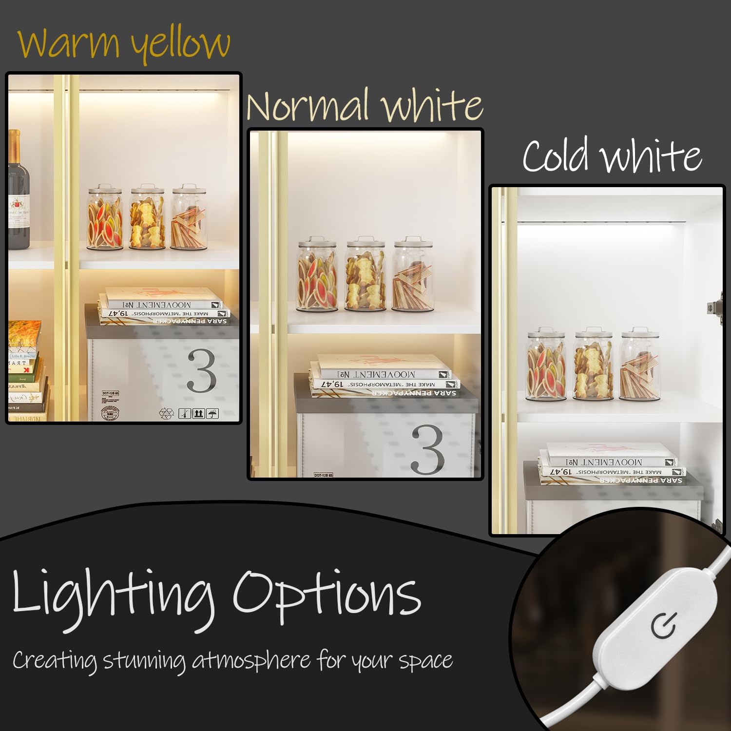 Display Cabinet with Glass Doors and Lights, Glass Display Cabinet with 4-Tier Storage Shelves, Pop-up Design, Trophy Case White and Champagne Gold (31.5'W x 15.7'D x 63'H)