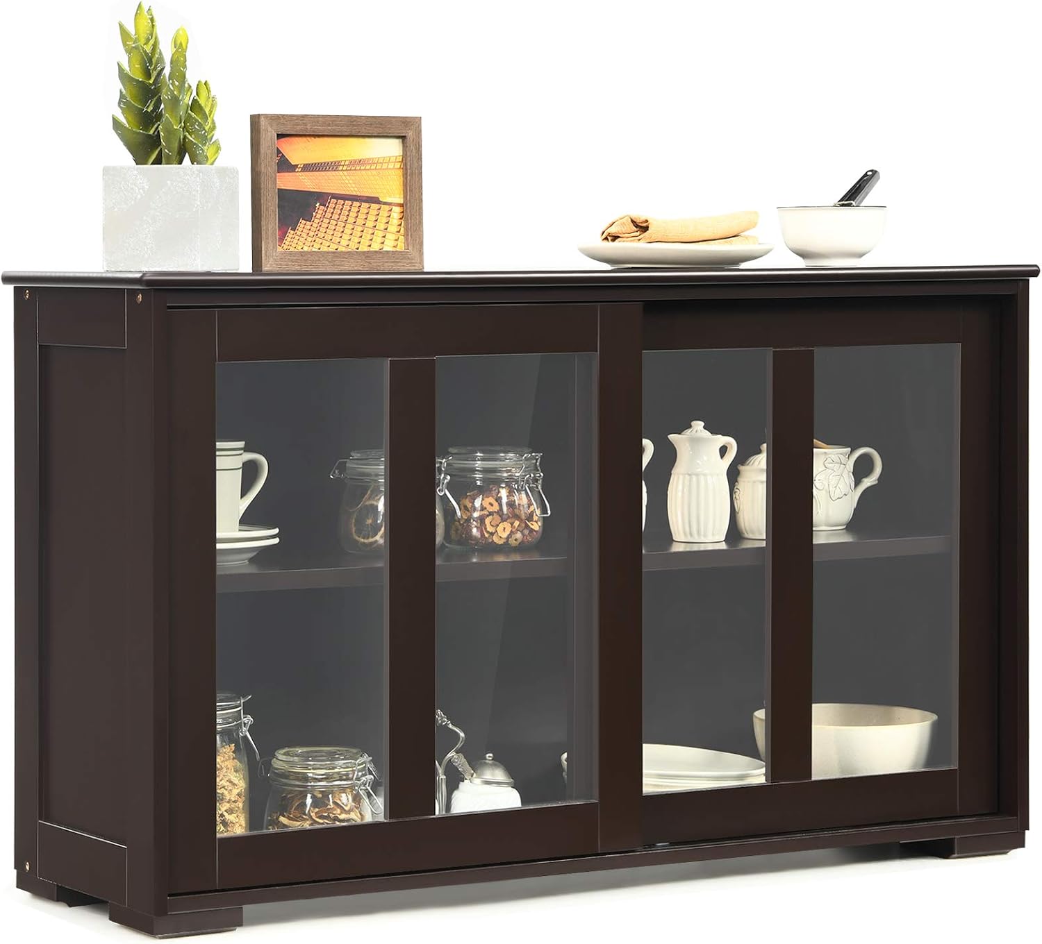 Costzon Sideboard Buffet Cabinet, Wooden Kitchen Storage Cabinet with Adjustable Shelf, Sliding Glass Doors, Accent Coffee Bar Cabinet Console Table for Living Room, Dining Room, Hallway (Coffee)