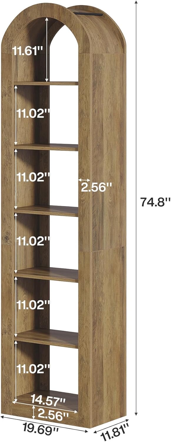 Tribesigns 74.8' Tall Arched Bookshelf, 6-Tier Narrow Open Bookcase, Floor Standing Corner Display Shelves Storage Organizer for Small Space, Home Office, Living Room (Rustic Brown, 2 PCS)
