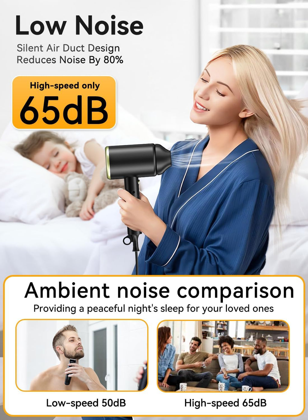 Hair Dryer, Ionic Blow Dryer - Fast Drying, Low Noise, Foldable Portable with Diffuser and Nozzle, Compact Mini for Women and Men - 1 Pack
