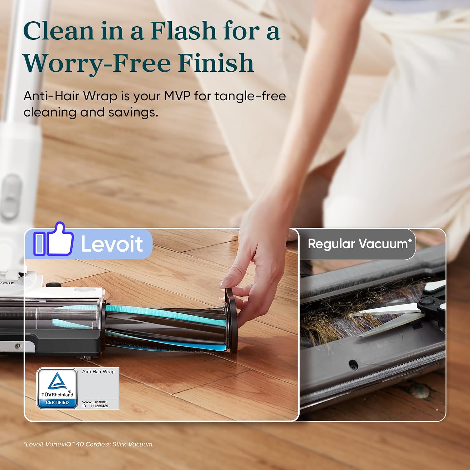 LEVOIT Cordless Stick Vacuum, Anti-Tangle, LED Headlights, Removable Battery, Self-Standing, Strong Suction, for Pet Hair, Hard Floor, Carpet, LVAC-200 White&Blue