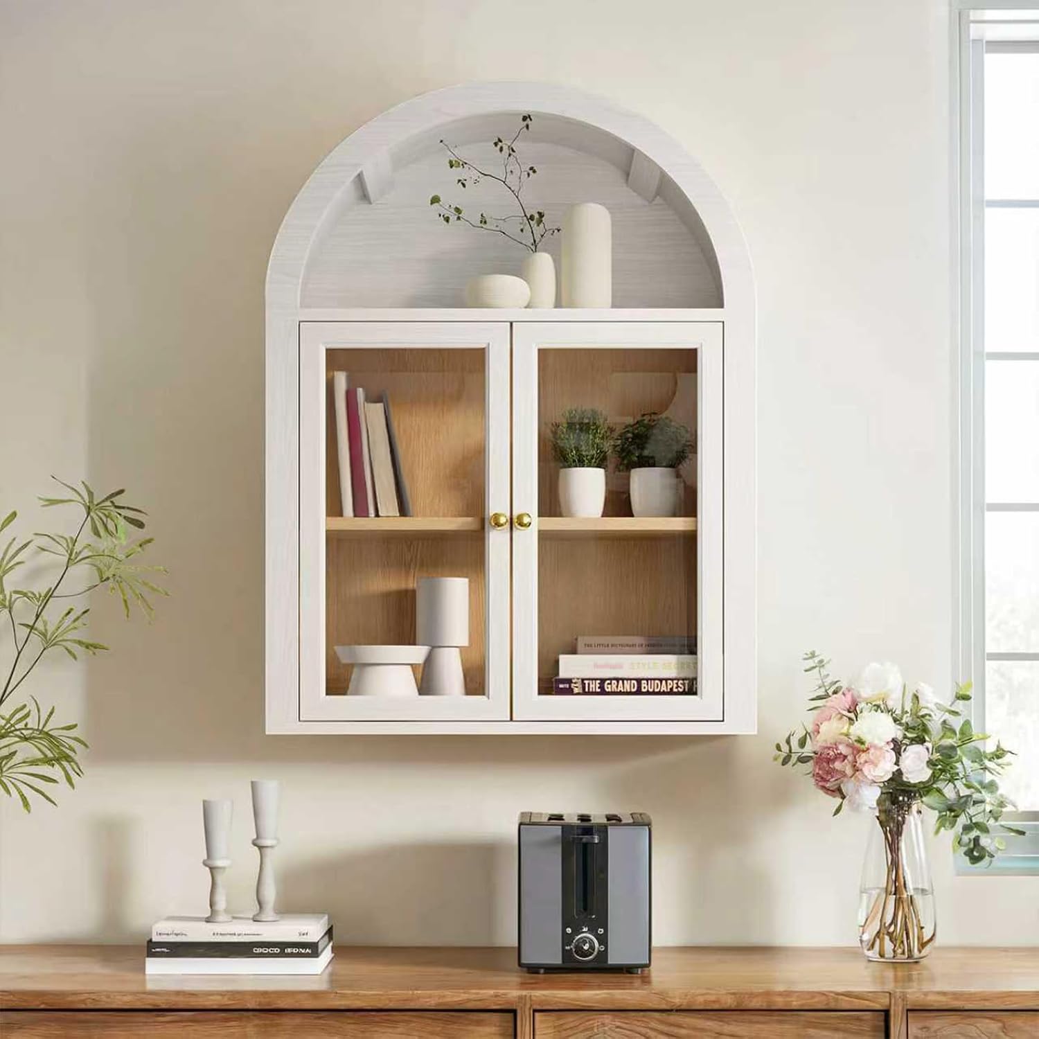 Furnaza Arched Wall Mounted Medicine Cabinets with Tempered Glass Doors,Bathroom Cabinet with Adjustable Shelf for Kitchen,Living Room