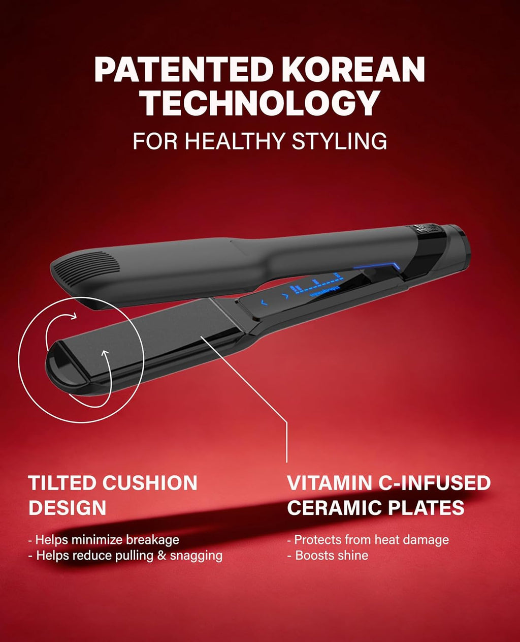 GLAMPALM GlamMuse Wide 1.5' | All-Ceramic Flat Iron Infused with Vita-C, Salon Results with Less Heat Damage, Trusted by K-Pop Hair Stylists Hair Straightener for Thick Hair, Silk Press | GP501T