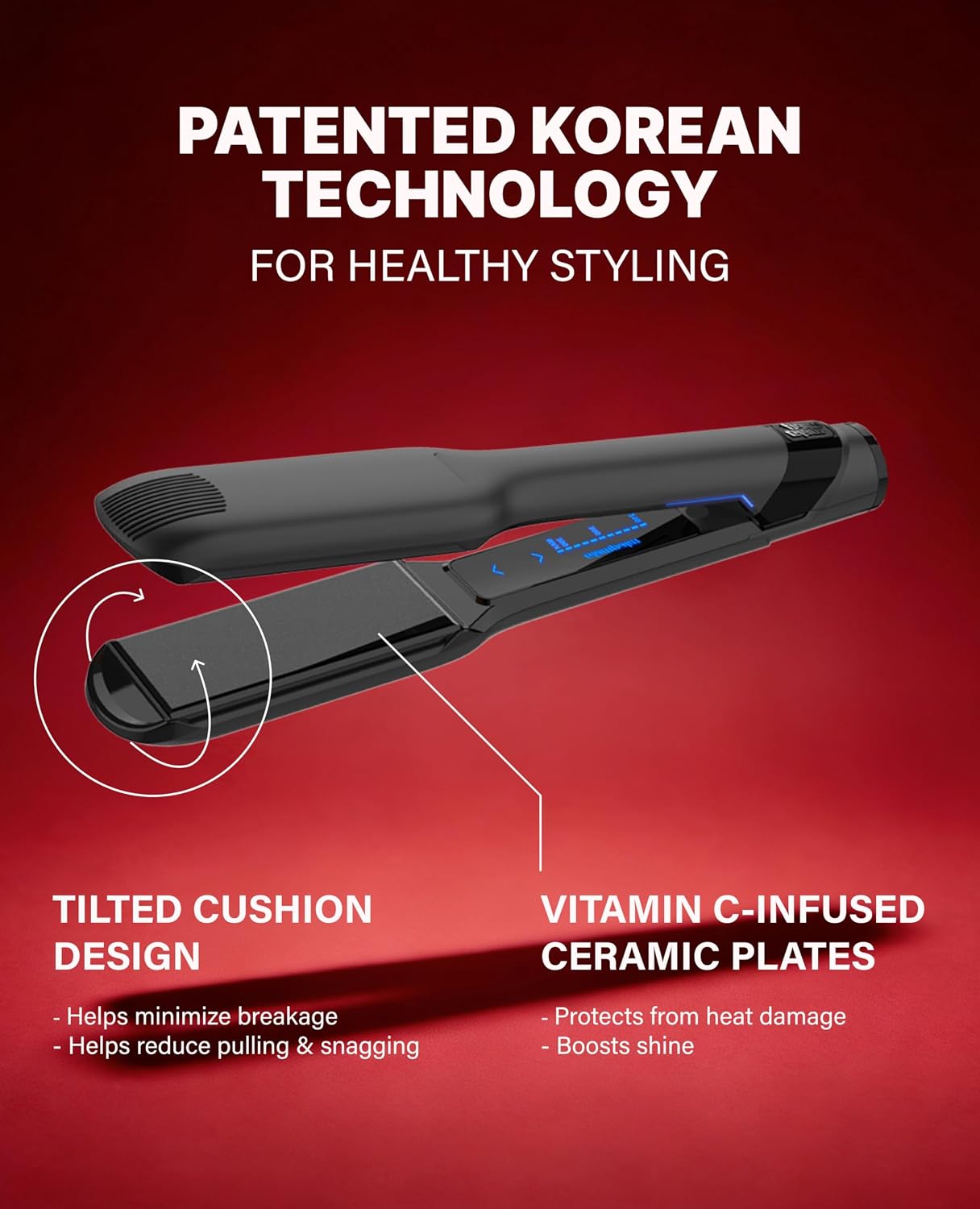 GLAMPALM GlamMuse Wide 1.5' | All-Ceramic Flat Iron Infused with Vita-C, Salon Results with Less Heat Damage, Trusted by K-Pop Hair Stylists Hair Straightener for Thick Hair, Silk Press | GP501T